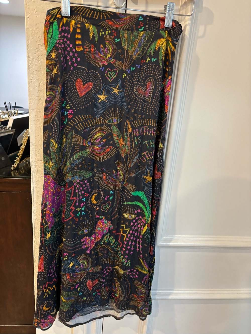 FARM Rio Black Maxi Skirt with Multicolor Heart & Star Print